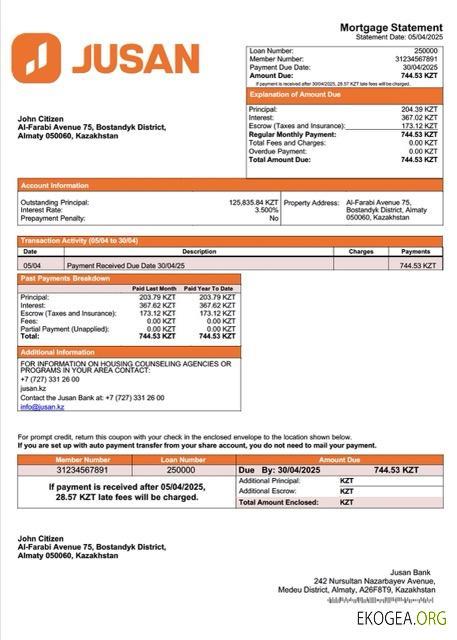 Modèle Word et PDF de relevé hypothécaire de la Kazakhstan Jusan Bank